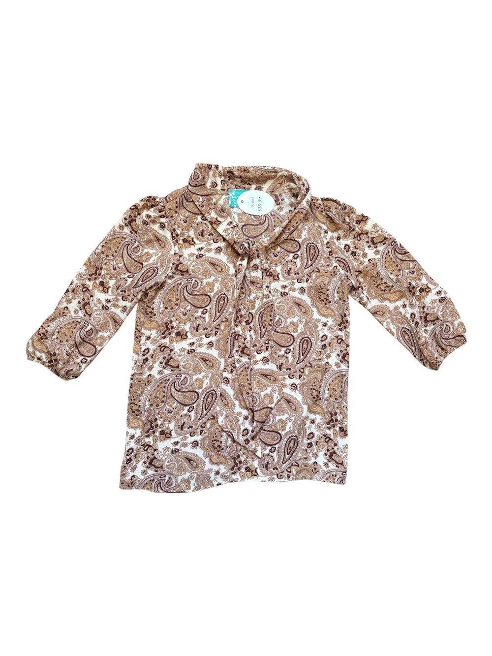 Edyn Brown Paisley Print 3/4 Sleeve Tie Neck Detail Blouse Top Sz S Career Flowy